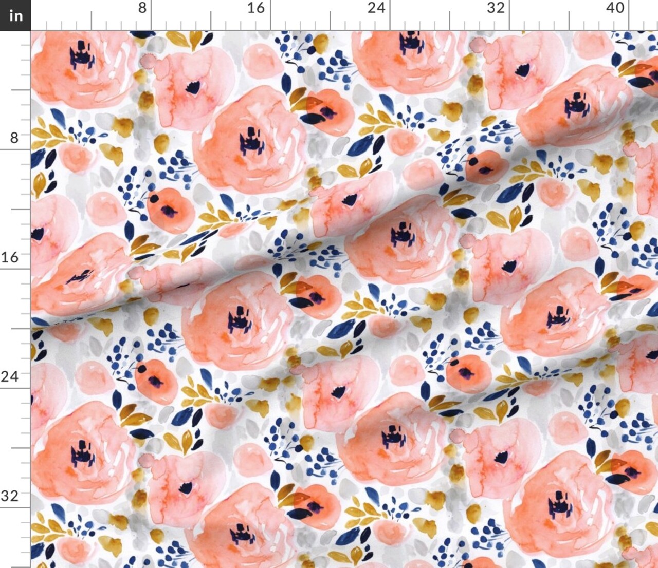 Peachy Pink Floral Roses Romantic Navy Mustard Gold Watercolor Blush Coral Custom Printed Fabric by Spoonflower Various Fabrics by the Yard or Fat Quarter